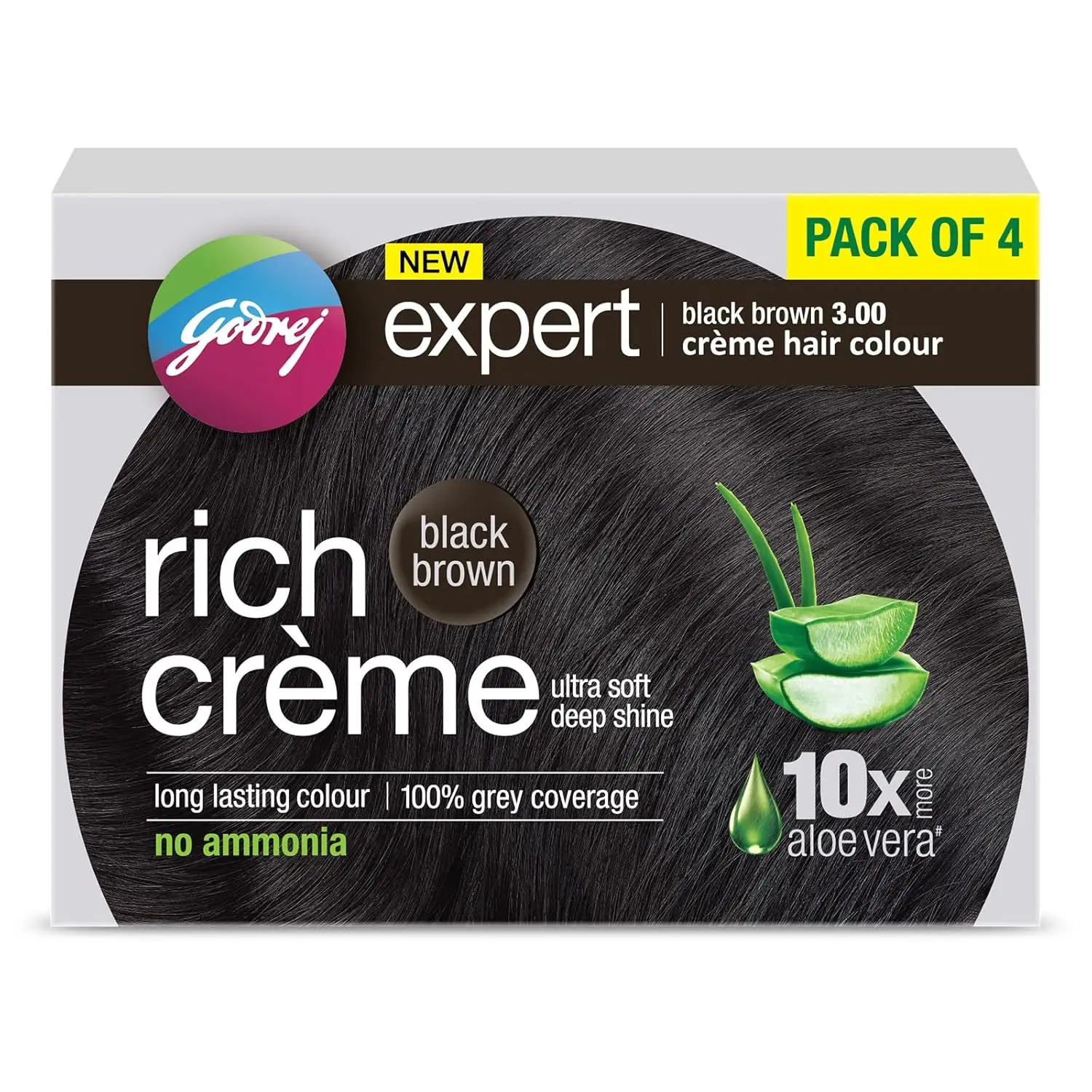 Godrej Expert Rich Crème Natural Black hair color provides 100% grey coverage with long lasting shine, enriched with Aloe Vera and Milk Protein for soft, ammonia-free hair.