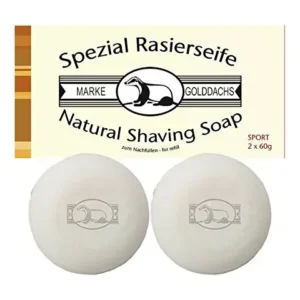 Two Golddachs shaving soap pucks with a sport scent, formulated for sensitive skin and providing excellent preparation for a gentle and long-lasting shave.
