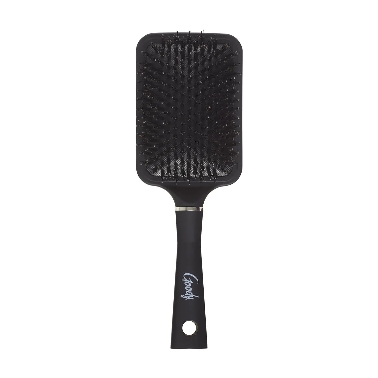 The Goody Detangle It Custom Style Paddle Hairbrush features mixed bristles to easily detangle even thick hair, with a soft-touch ergonomic handle for comfortable use.