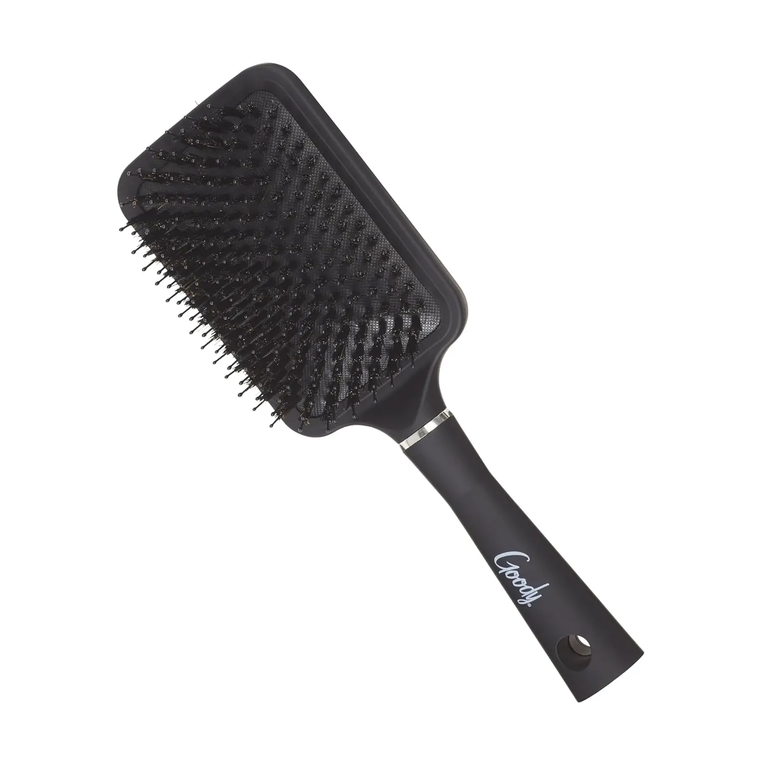 The Goody Detangle It Custom Style Paddle Hairbrush features mixed bristles to easily detangle even thick hair, with a soft-touch ergonomic handle for comfortable use.