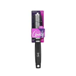 This Goody Gelous Grip round hair brush in red, black, and purple has ion-infused bristles and a comfortable grip, perfect for styling short to medium hair.