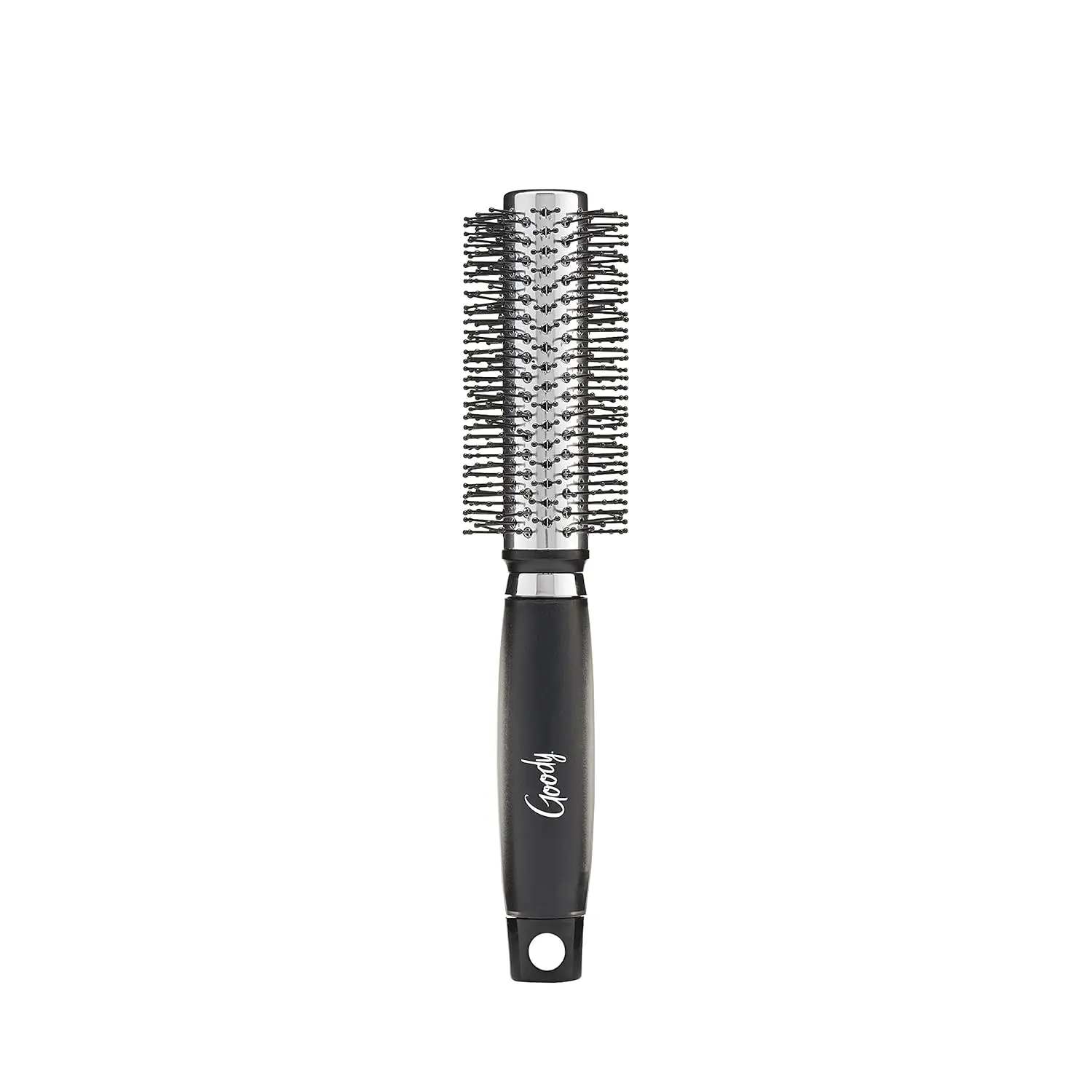 This Goody Gelous Grip round hair brush in red, black, and purple has ion-infused bristles and a comfortable grip, perfect for styling short to medium hair.