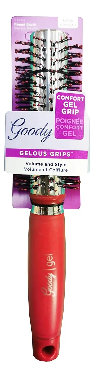 This Goody Gelous Grip round hair brush in red, black, and purple has ion-infused bristles and a comfortable grip, perfect for styling short to medium hair.
