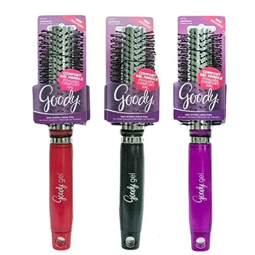 This Goody Gelous Grip round hair brush in red, black, and purple has ion-infused bristles and a comfortable grip, perfect for styling short to medium hair.