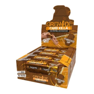 A pack of Grenade Carb Killa Fudged Up protein bars, a low sugar snack with a soft fudge center, caramel layer, and milk chocolate coating, providing 20g of protein per bar.