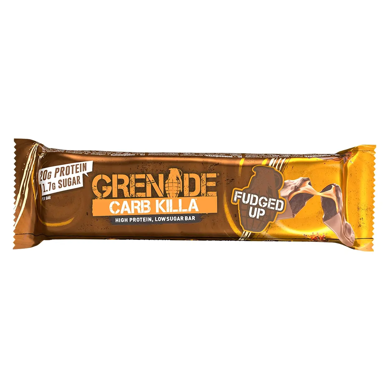 A pack of Grenade Carb Killa Fudged Up protein bars, a low sugar snack with a soft fudge center, caramel layer, and milk chocolate coating, providing 20g of protein per bar.