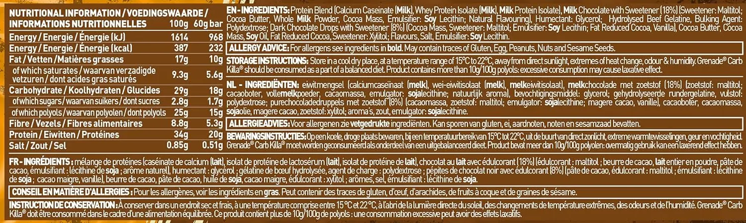 A pack of Grenade Carb Killa Fudged Up protein bars, a low sugar snack with a soft fudge center, caramel layer, and milk chocolate coating, providing 20g of protein per bar.