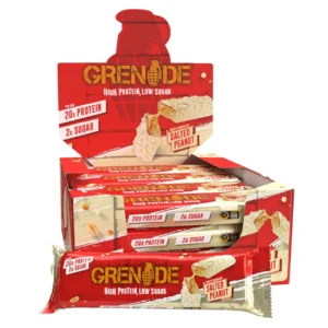 A box of Grenade White Chocolate Salted Peanut protein bars, a low sugar, low carb snack with 20g of protein.