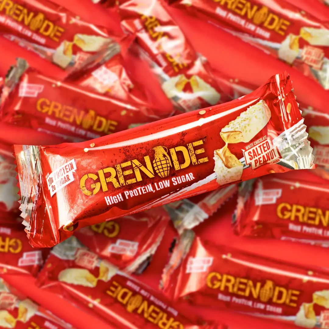 A box of Grenade White Chocolate Salted Peanut protein bars, a low sugar, low carb snack with 20g of protein.
