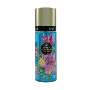 A 75ml bottle of Gulf Orchid Soft Dreamy hair perfume mist, with pomegranate, raspberry, peach top notes, orchid and lotus middle notes, and mahogany, amber, and musk base notes.