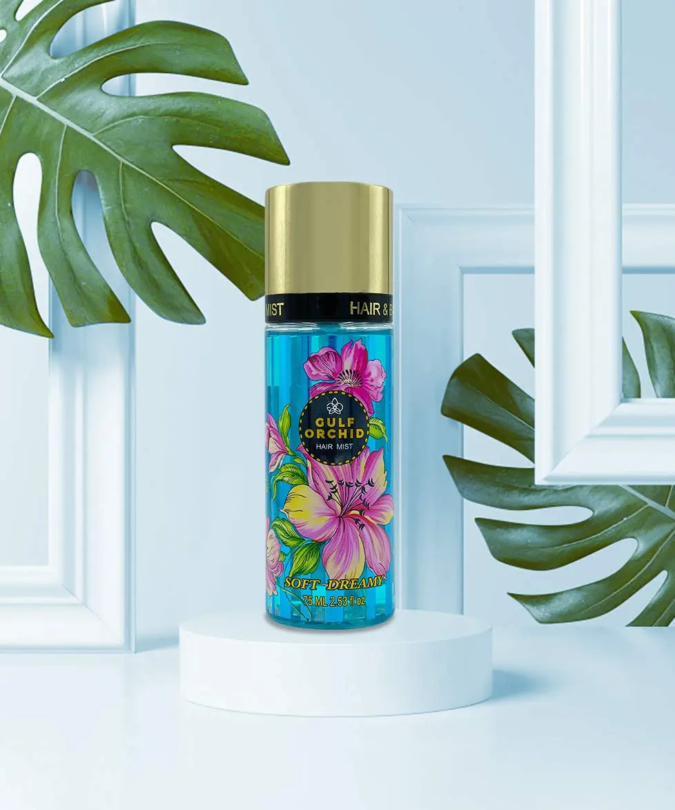 A 75ml bottle of Gulf Orchid Soft Dreamy hair perfume mist, with pomegranate, raspberry, peach top notes, orchid and lotus middle notes, and mahogany, amber, and musk base notes.