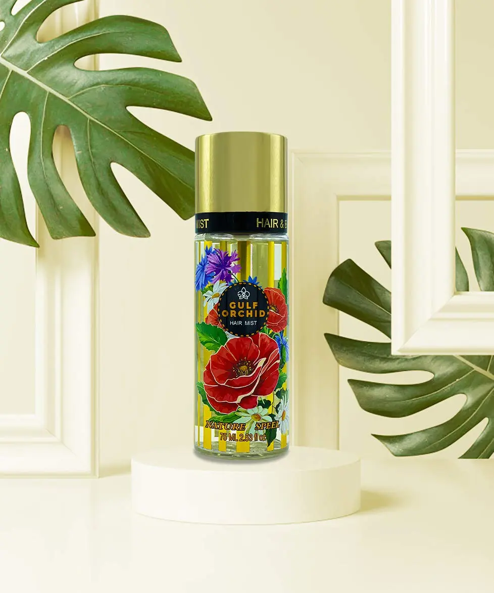 Gulf Orchid Nature Speel hair mist in a 75ml bottle, a fragrant hair perfume with raspberry, neroli, lemon, jasmine, gardenia, honey, patchouli, and amber notes.