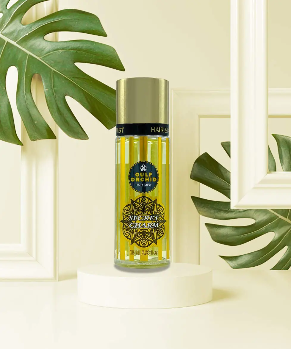 Gulf Orchid Secret Charm hair mist, a 75 ml hair perfume with notes of peach, apricot, pear, sandalwood, jasmine, vanilla, cedar, and musk.