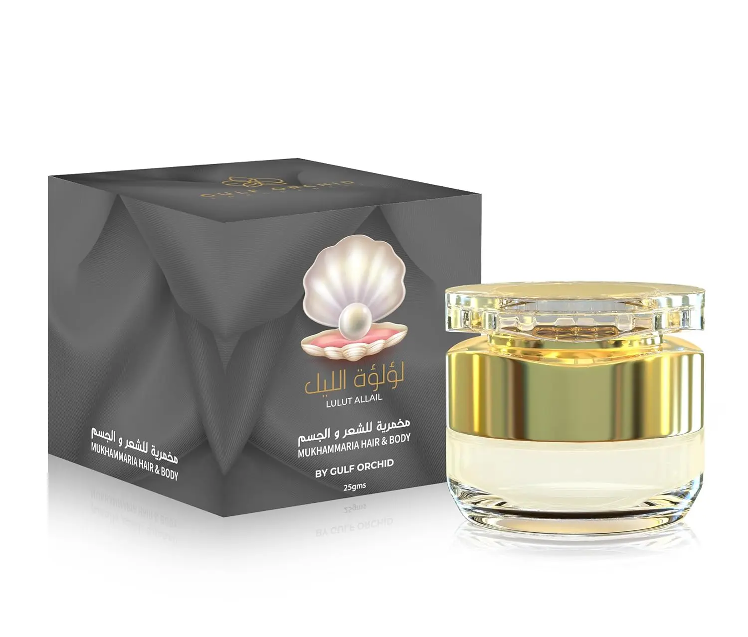 Gulf Orchid LULUT ALLAIL Mukhammaria is a perfumed hair and body fragrance with notes of citrus, jasmine, ambergris, and musk.
