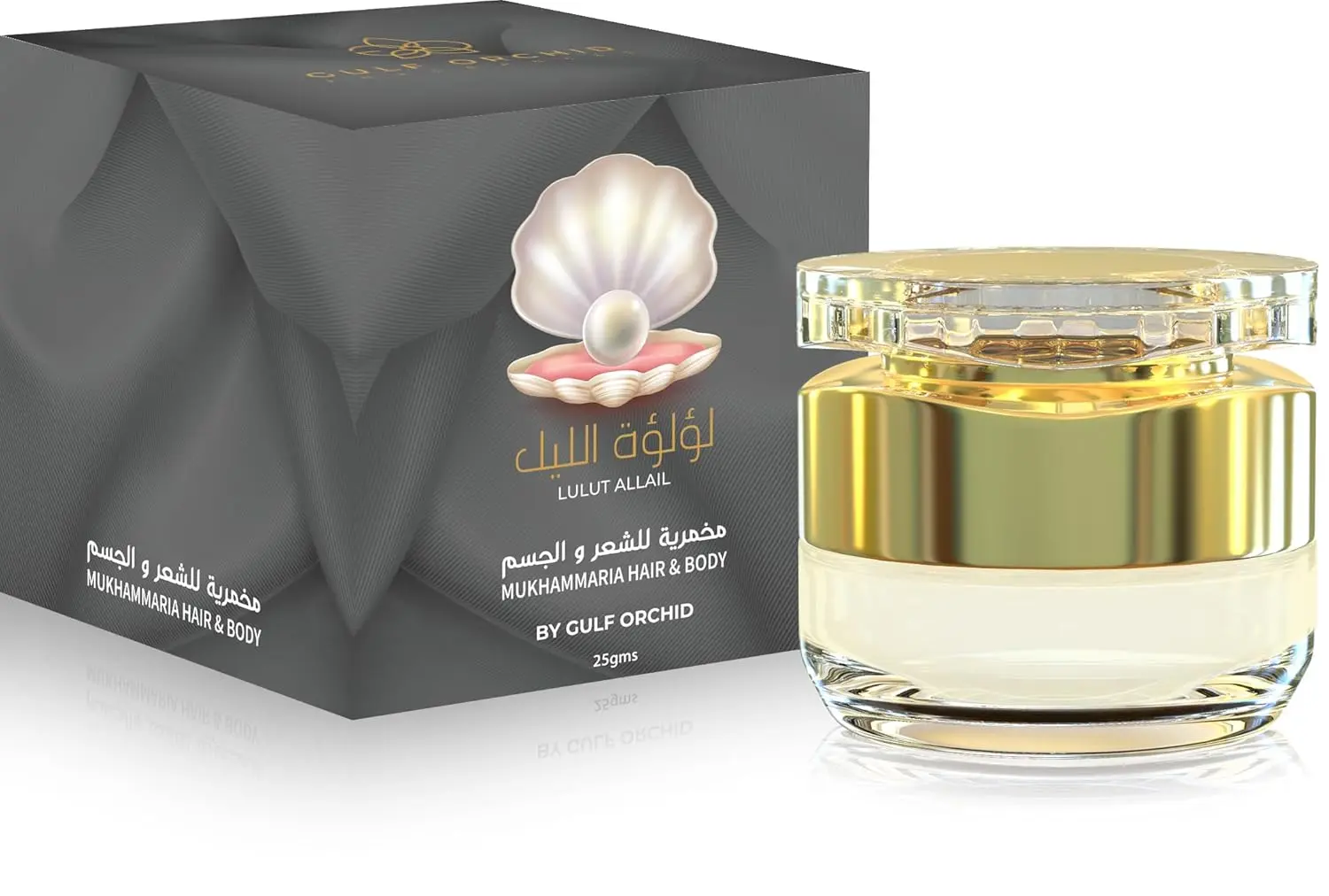 Gulf Orchid LULUT ALLAIL Mukhammaria is a perfumed hair and body fragrance with notes of citrus, jasmine, ambergris, and musk.