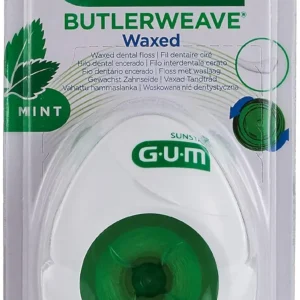 Close-up of Gum Butlerweave dental floss, showcasing its unique woven texture designed for effective plaque removal and cleaning between teeth and under the gumline, promoting healthy gums.