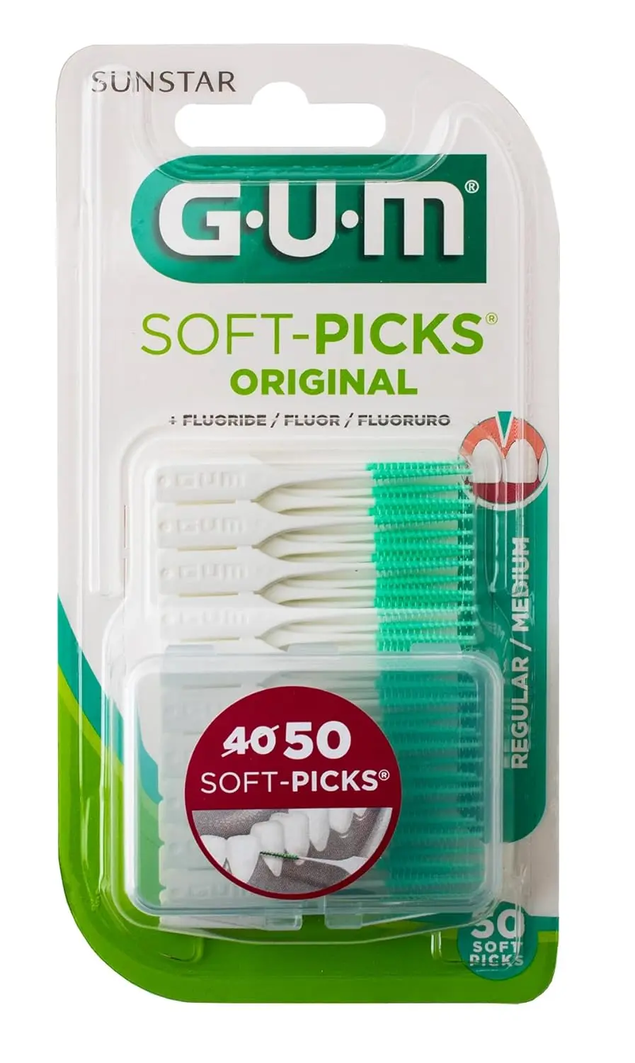 A pack of fifty Gum 158155 Soft-Picks Original Brushes for cleaning between teeth.