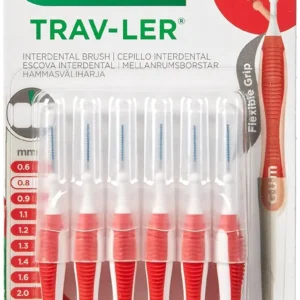 Red Gum Trav-Ler interdental brush with flexible handle and antibacterial bristles for effective plaque removal, designed for comfortable and gentle cleaning.