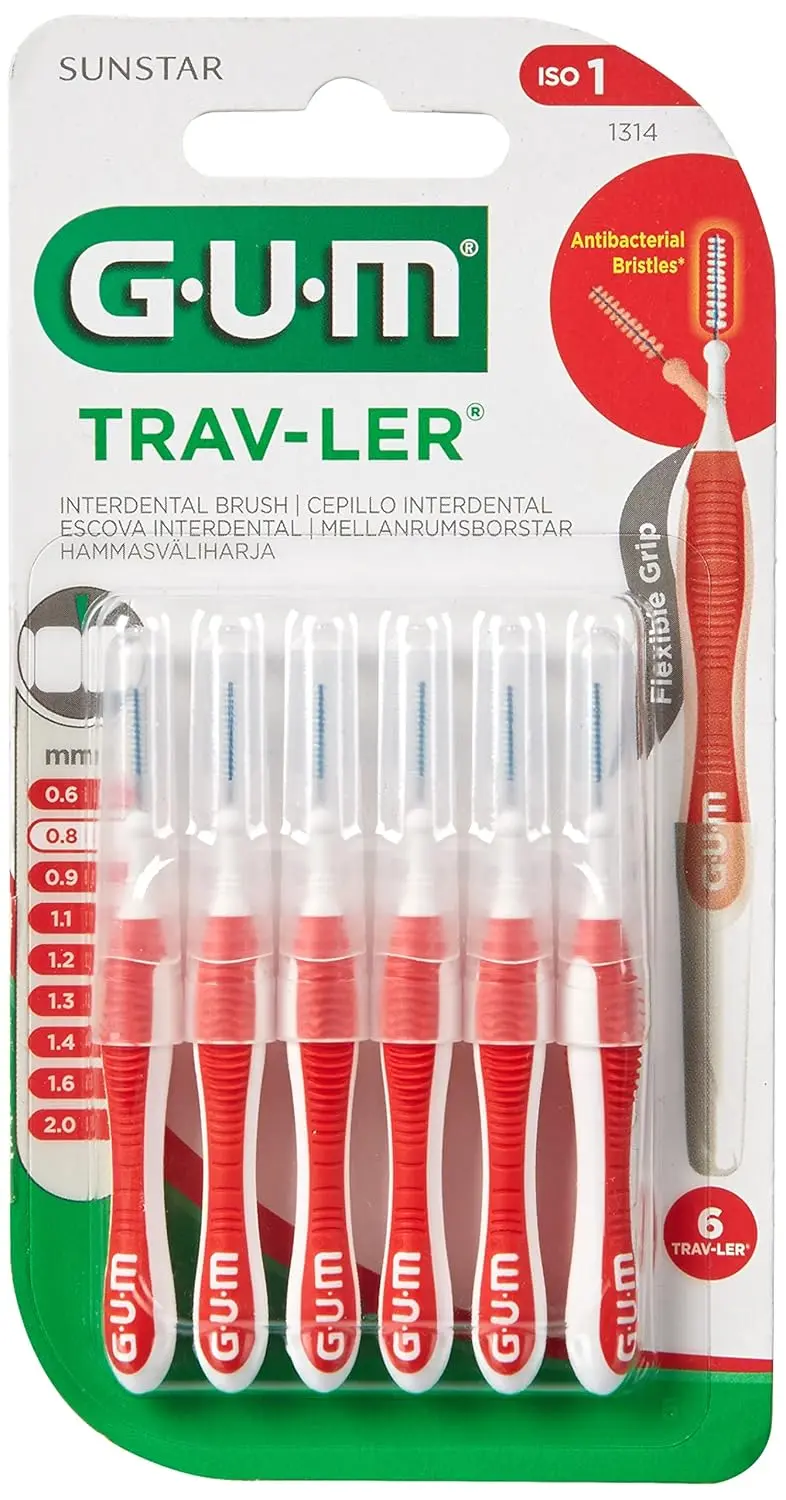Red Gum Trav-Ler interdental brush with flexible handle and antibacterial bristles for effective plaque removal, designed for comfortable and gentle cleaning.