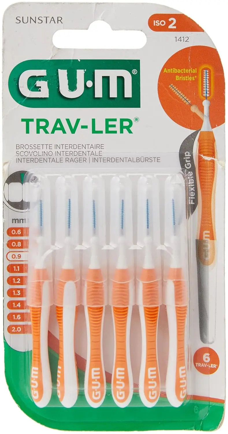 The Gum Trav-Ler interdental brush features an ergonomic handle and antibacterial bristles for effective plaque removal and gentle cleaning between teeth, even for those with implants or orthodontics.