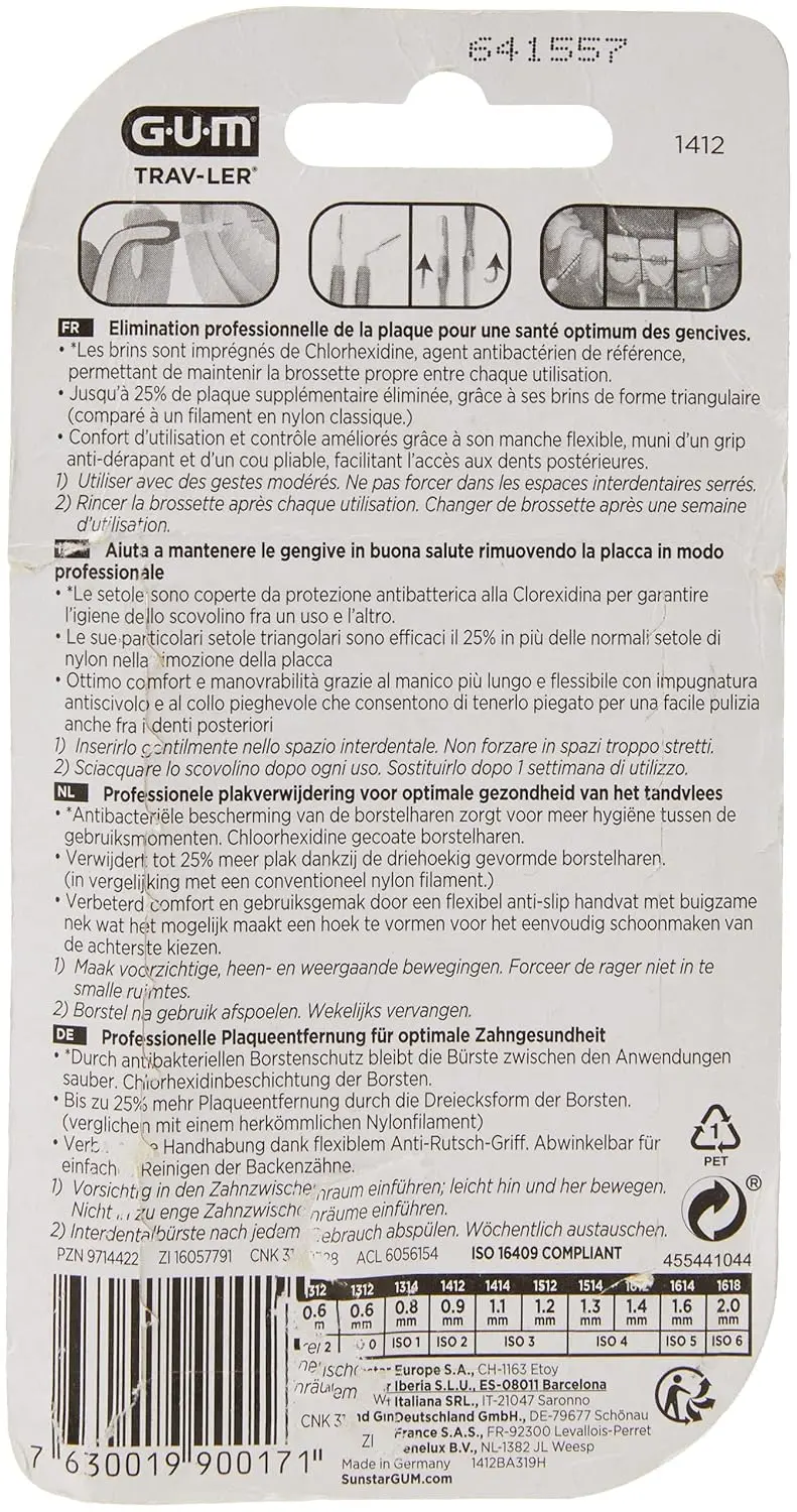 The Gum Trav-Ler interdental brush features an ergonomic handle and antibacterial bristles for effective plaque removal and gentle cleaning between teeth, even for those with implants or orthodontics.