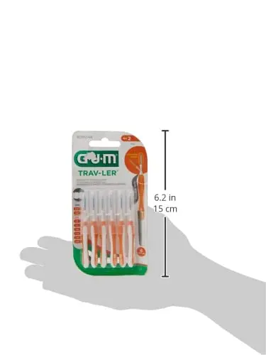 The Gum Trav-Ler interdental brush features an ergonomic handle and antibacterial bristles for effective plaque removal and gentle cleaning between teeth, even for those with implants or orthodontics.
