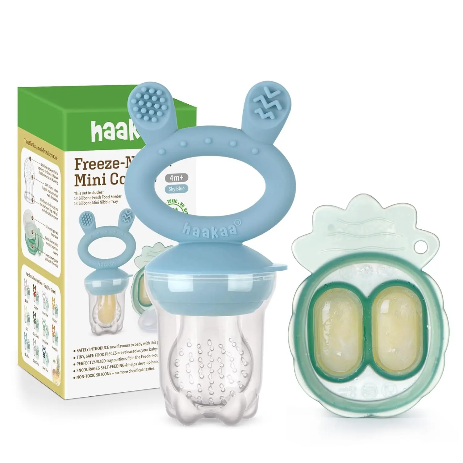 The Haakaa baby food feeder is a silicone pacifier teether designed for breast milk popsicles and safely introducing solids to infants while providing teething relief.
