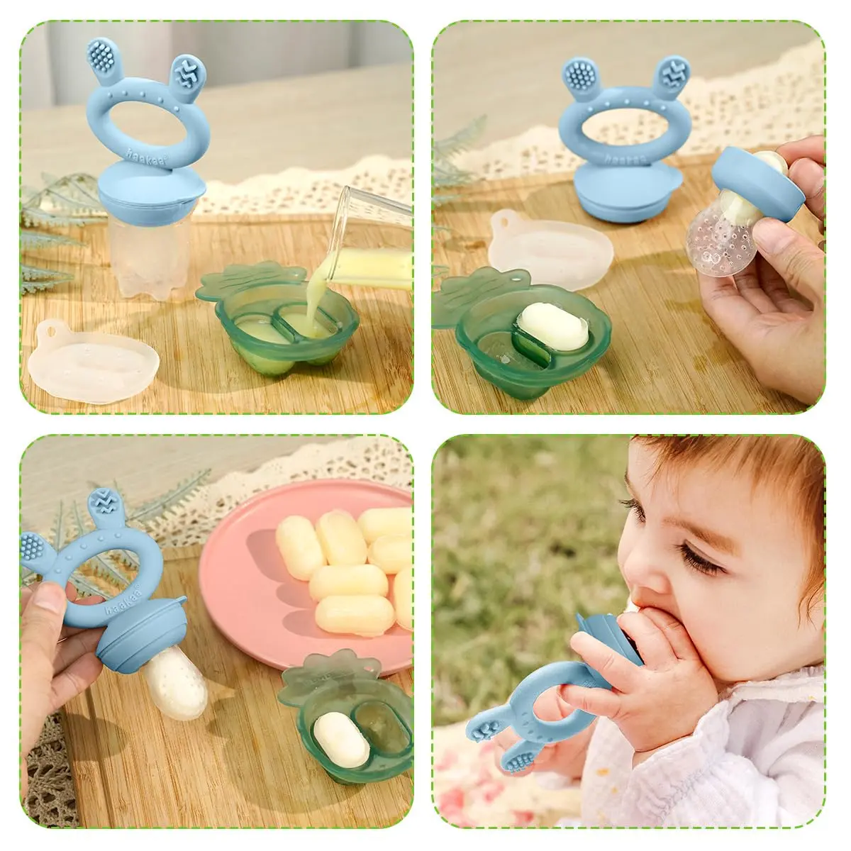 The Haakaa baby food feeder is a silicone pacifier teether designed for breast milk popsicles and safely introducing solids to infants while providing teething relief.