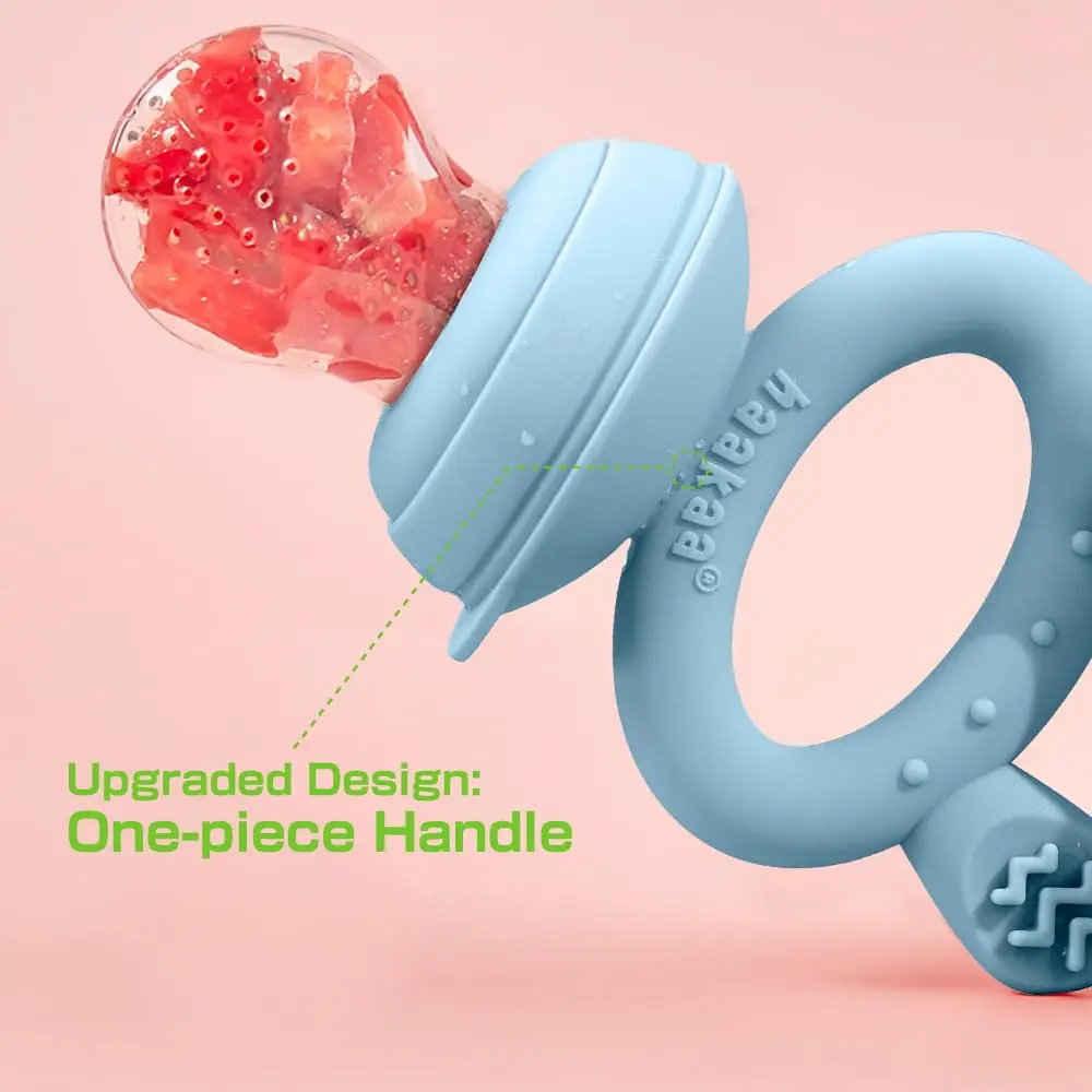 The Haakaa baby food feeder is a silicone pacifier teether designed for breast milk popsicles and safely introducing solids to infants while providing teething relief.