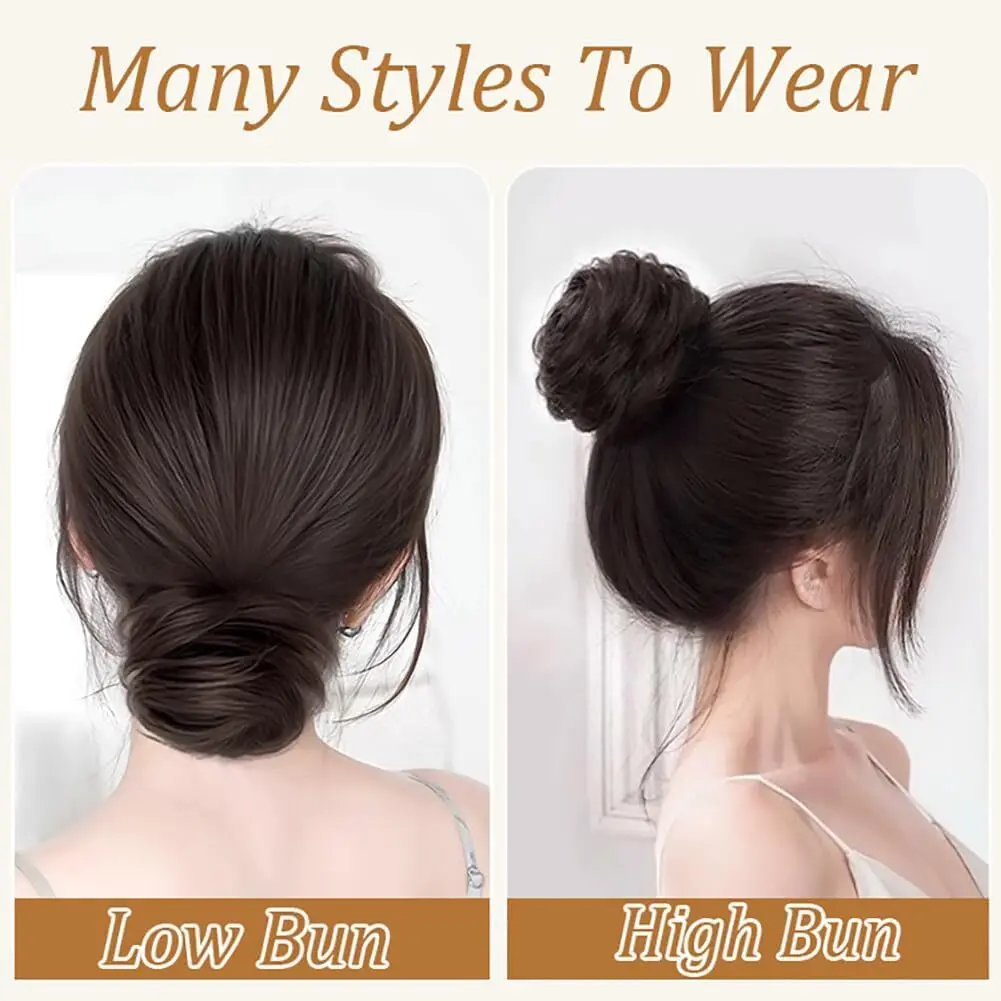 Dark brown hair bun extension with stretchy ring and claw clip creating a fluffy and elegant updo.