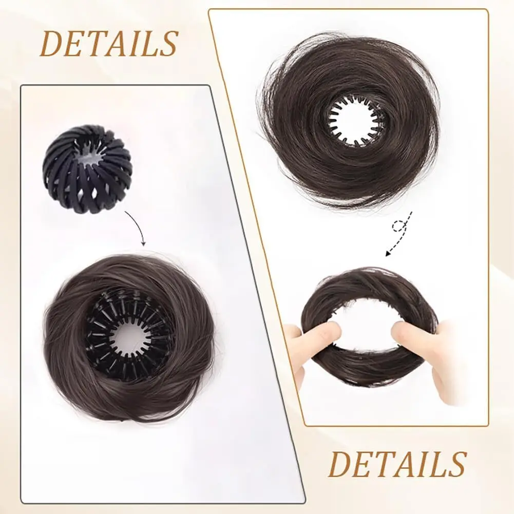 Dark brown hair bun extension with stretchy ring and claw clip creating a fluffy and elegant updo.