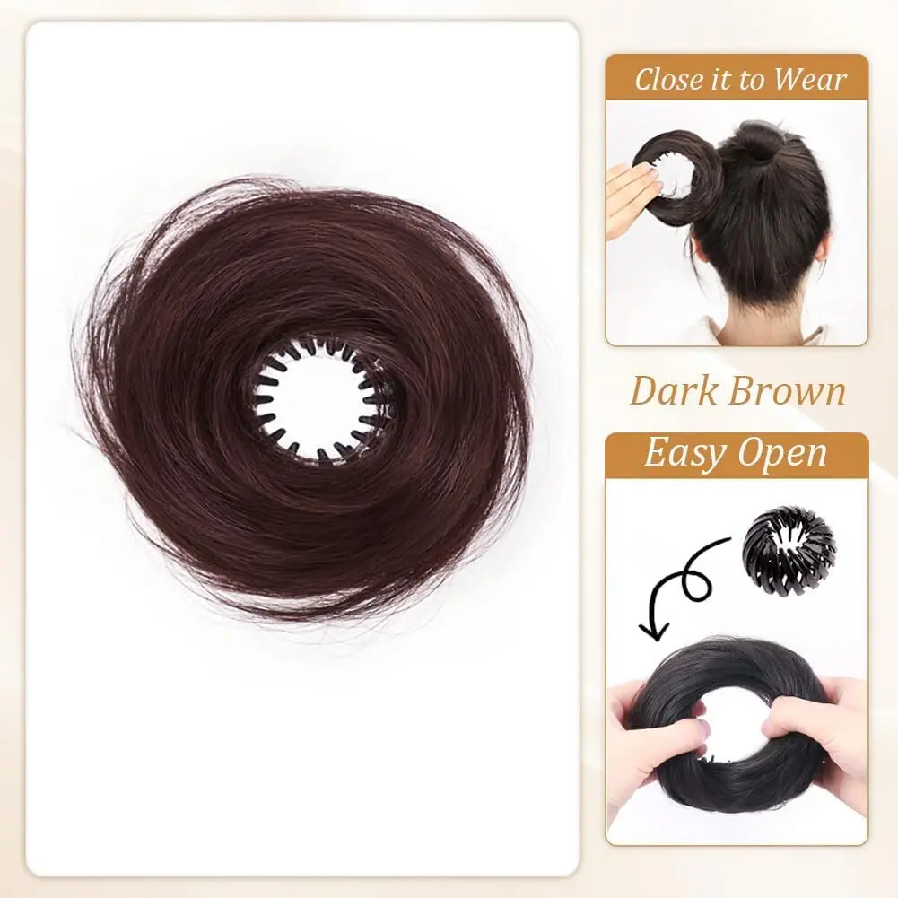 Dark brown hair bun extension with stretchy ring and claw clip creating a fluffy and elegant updo.