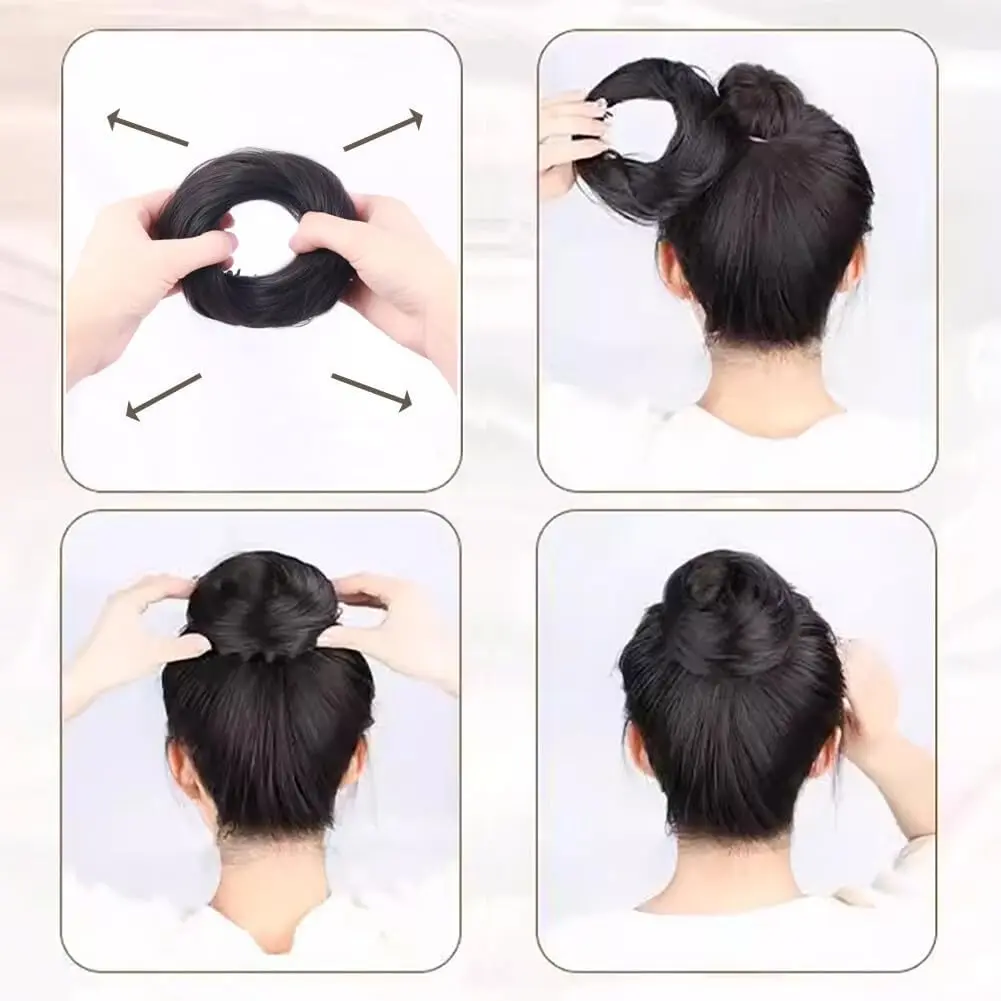 Dark brown hair bun extension with stretchy ring and claw clip creating a fluffy and elegant updo.