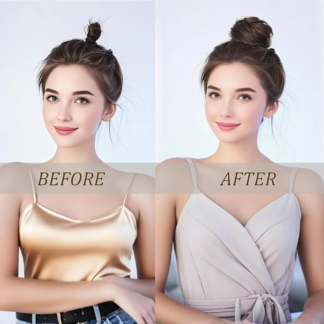 Dark brown hair bun extension with stretchy ring and claw clip creating a fluffy and elegant updo.
