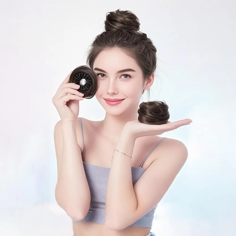 Dark brown hair bun extension with stretchy ring and claw clip creating a fluffy and elegant updo.