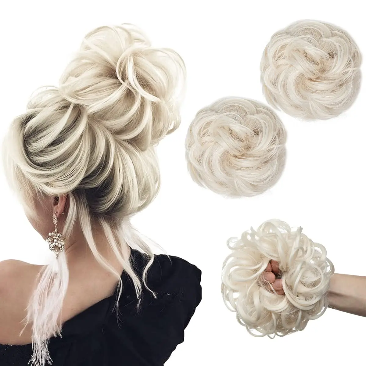 This image showcases a platinum blonde messy hair bun scrunchy that adds volume and style to any updo, perfect for weddings, parties, or everyday wear.