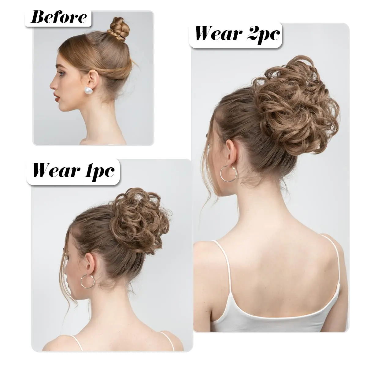 This image showcases a platinum blonde messy hair bun scrunchy that adds volume and style to any updo, perfect for weddings, parties, or everyday wear.