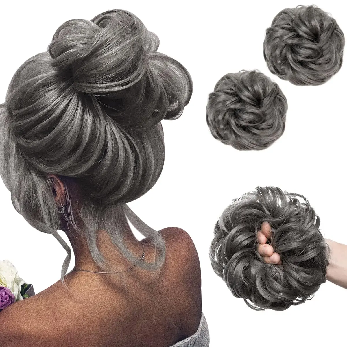 This image showcases a platinum blonde messy hair bun scrunchy that adds volume and style to any updo, perfect for weddings, parties, or everyday wear.