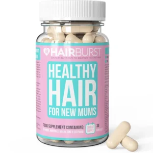 Hair Burst pregnancy vitamins for hair growth support and reduced hair loss, formulated with biotin and folic acid, offering one month's supply of daily capsules for new mums.