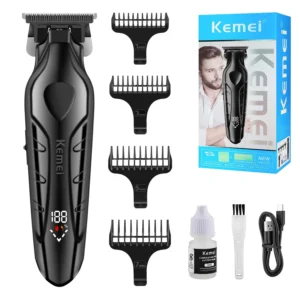 This cordless KEMEI hair clipper for men features an adjustable blade, four comb attachments, a powerful motor, long-lasting battery, and USB charging.