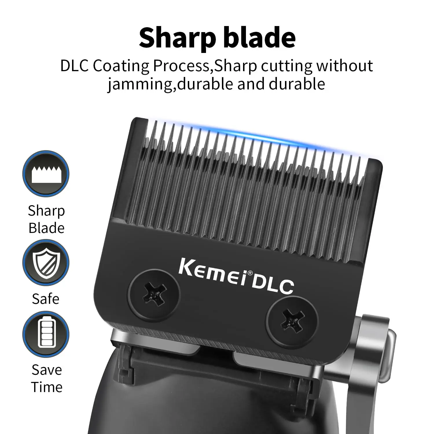 KEMEI cordless hair clippers for men with adjustable blade, multiple guide combs, smart LED display, and USB charging.