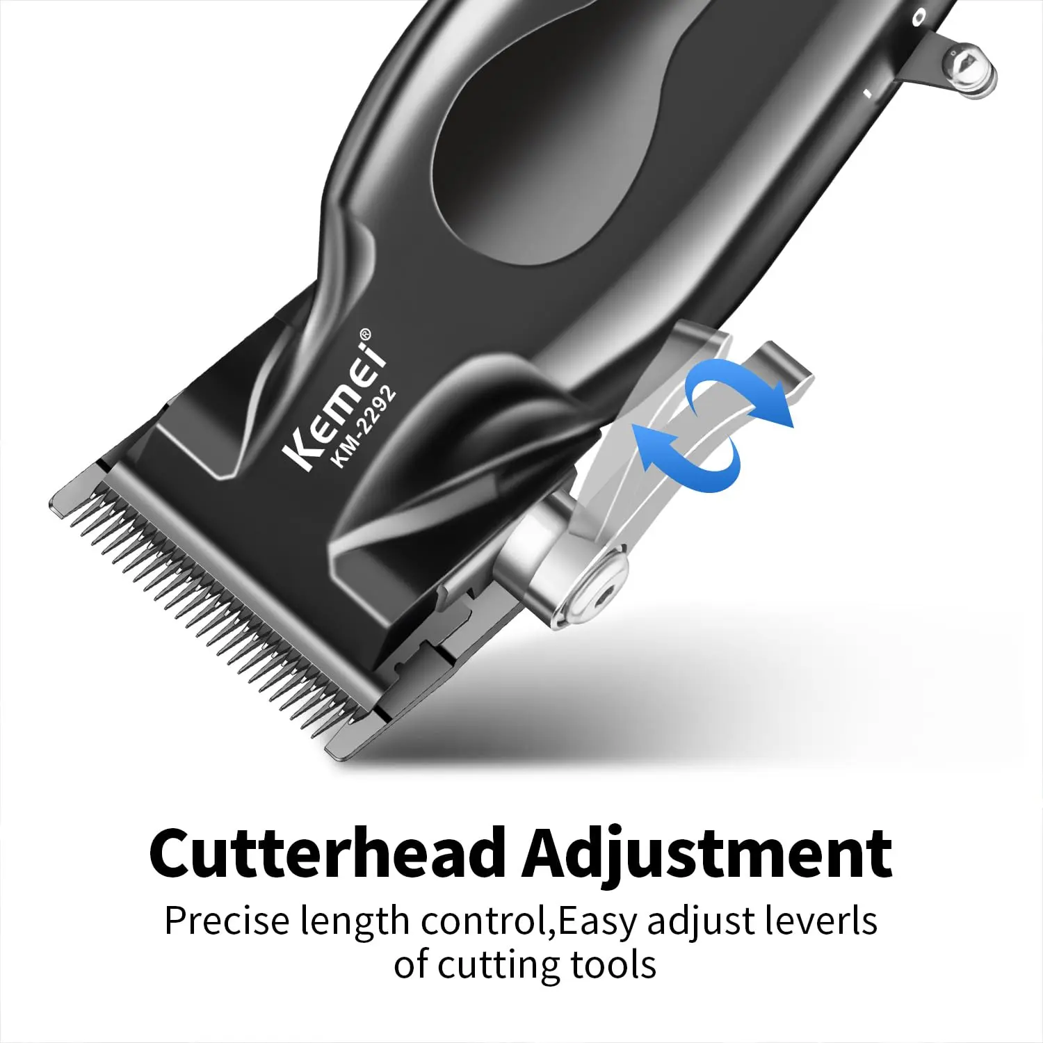 KEMEI cordless hair clippers for men with adjustable blade, multiple guide combs, smart LED display, and USB charging.