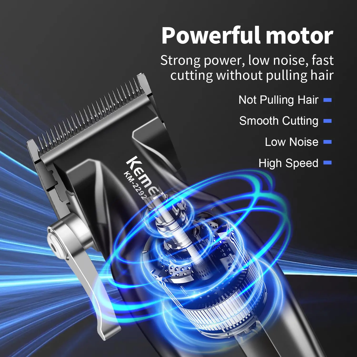 KEMEI cordless hair clippers for men with adjustable blade, multiple guide combs, smart LED display, and USB charging.