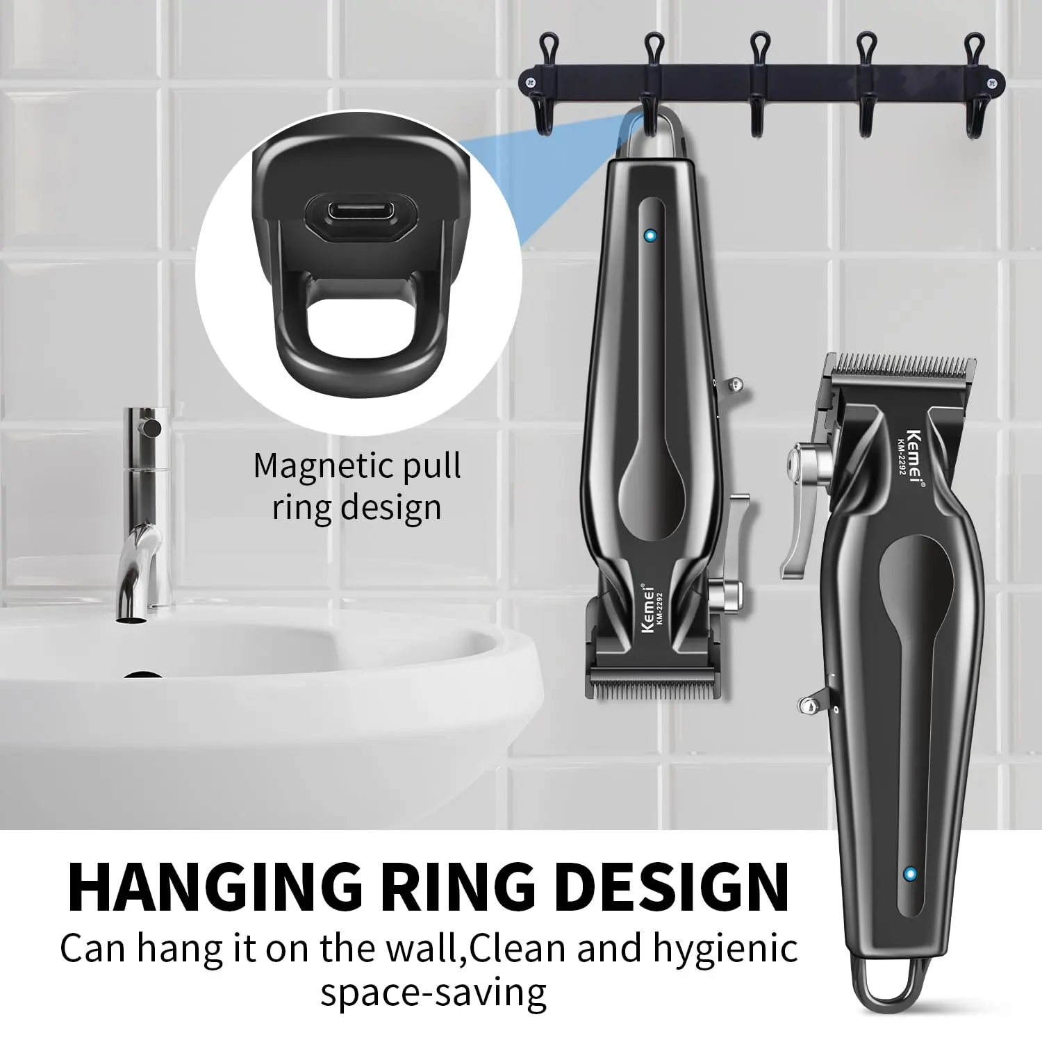 KEMEI cordless hair clippers for men with adjustable blade, multiple guide combs, smart LED display, and USB charging.