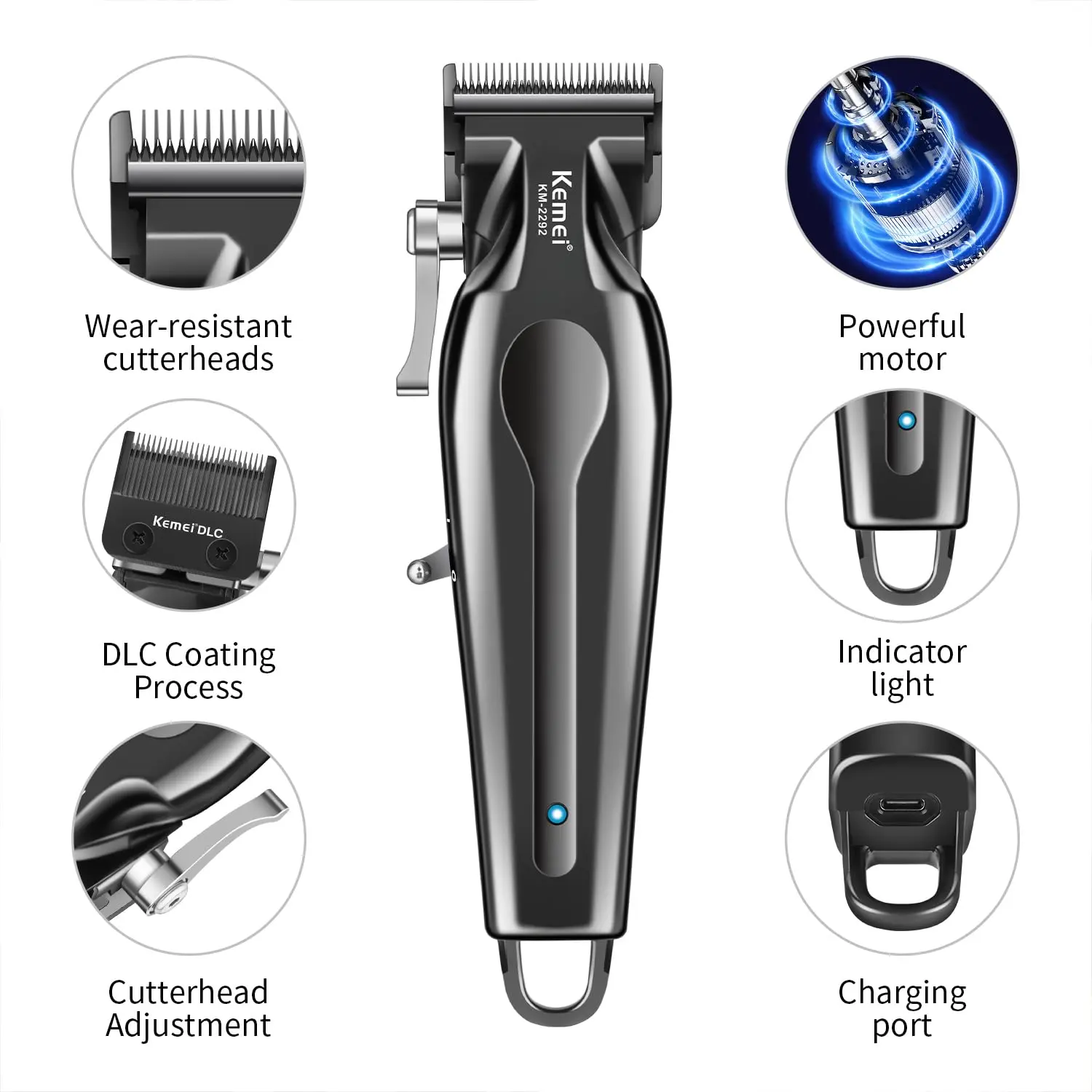 KEMEI cordless hair clippers for men with adjustable blade, multiple guide combs, smart LED display, and USB charging.