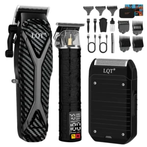 This professional hair clipper kit for men features stainless steel blades, multiple limiting combs for precise trimming, a long-lasting lithium-ion battery with an LED display, and a non-slip dragon-patterned body for comfortable grooming.