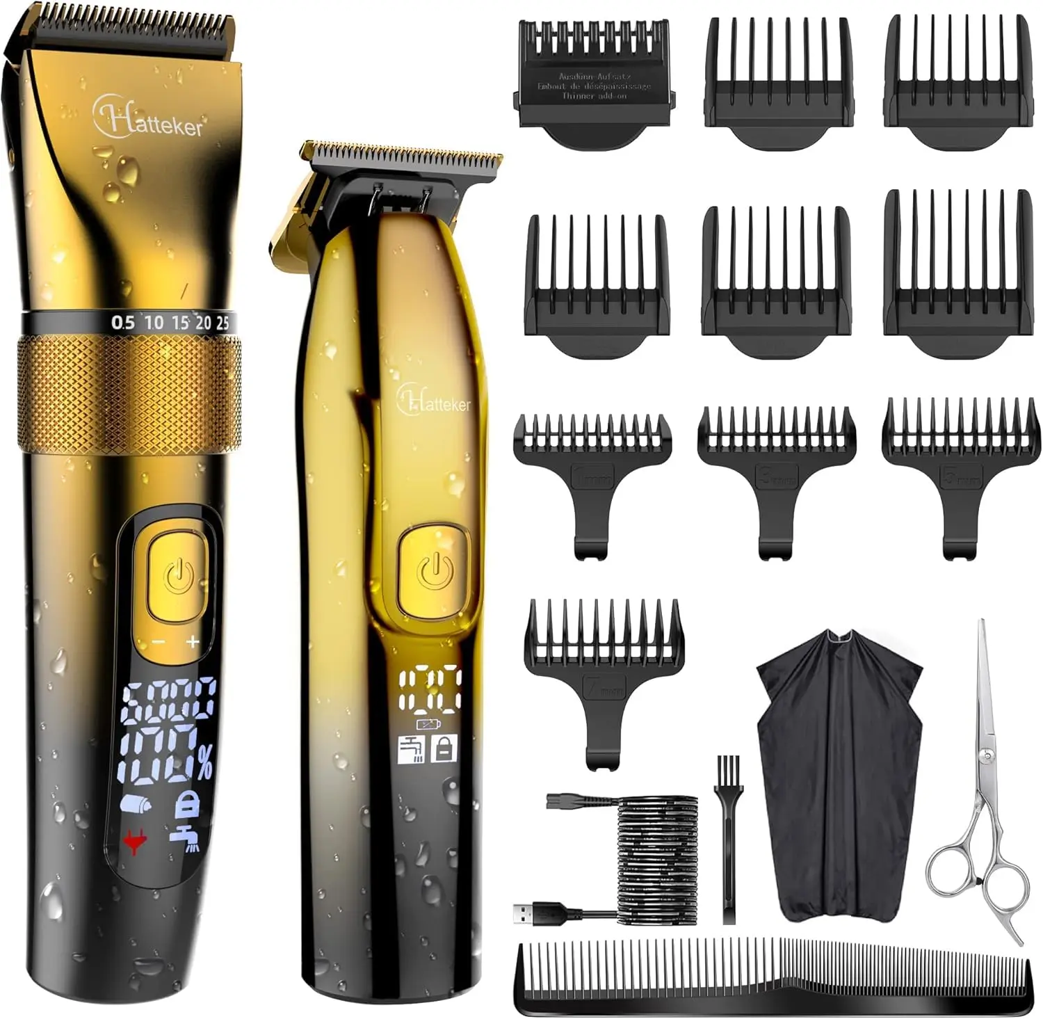 This professional gold hair clipper and T-blade trimmer kit offers adjustable blades, multiple guide combs, and a smart digital display for easy speed control and cordless operation for haircutting and beard grooming.