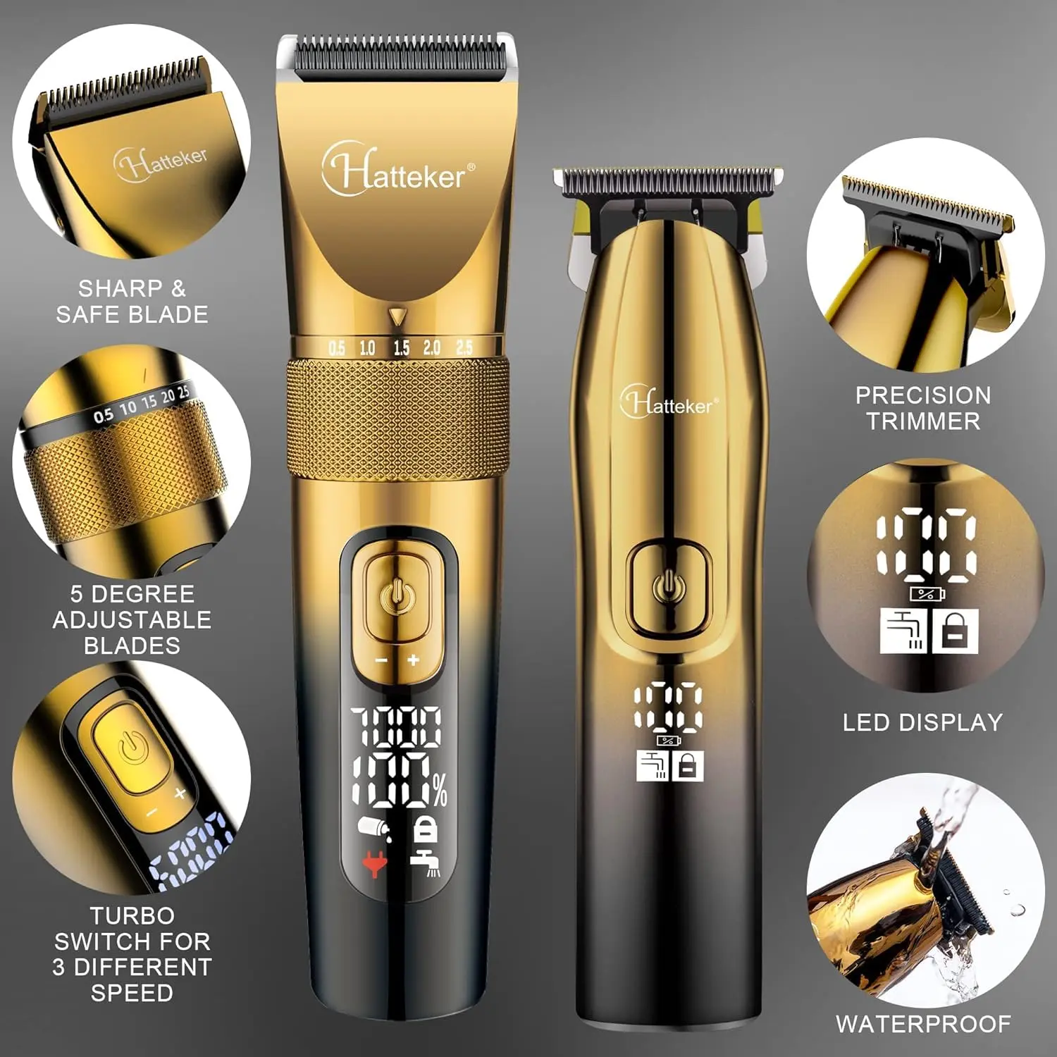 This professional gold hair clipper and T-blade trimmer kit offers adjustable blades, multiple guide combs, and a smart digital display for easy speed control and cordless operation for haircutting and beard grooming.