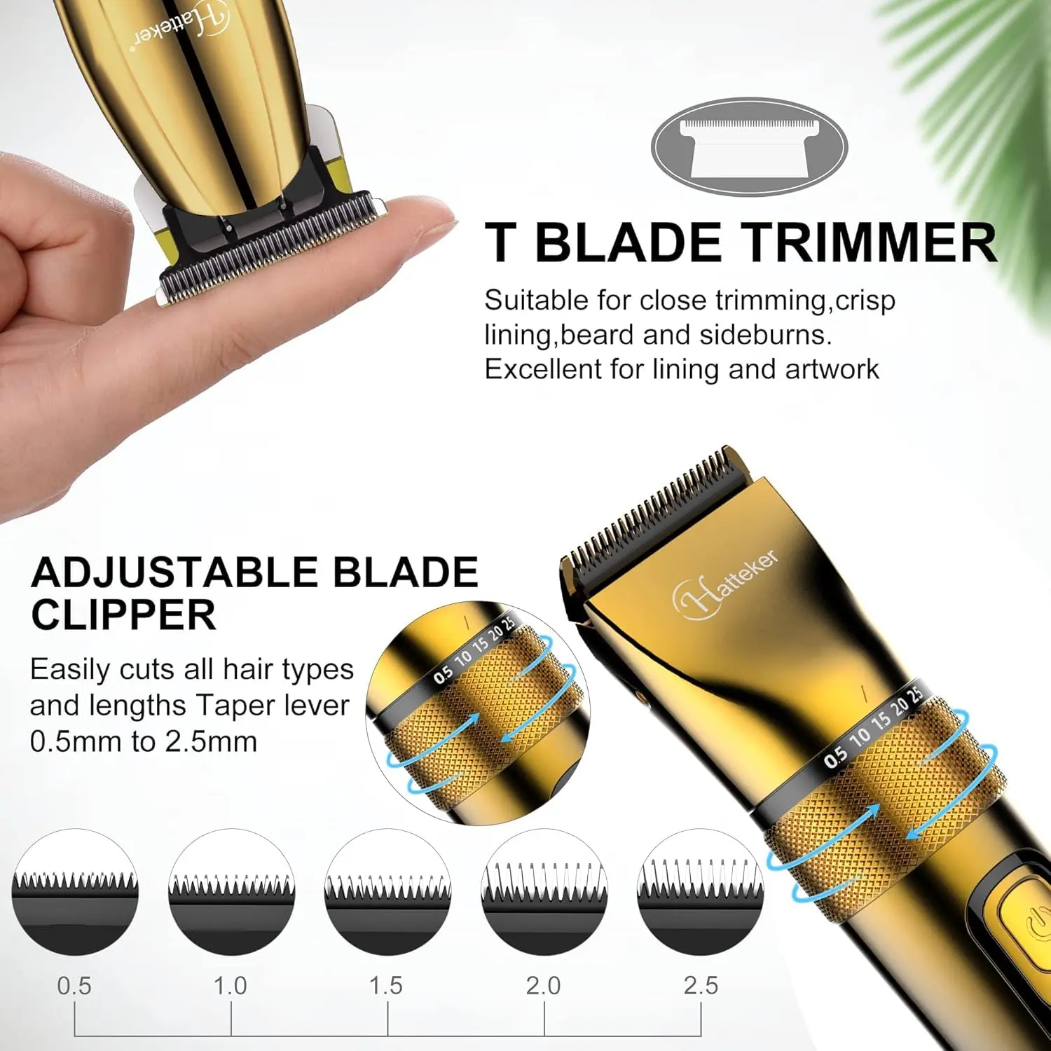This professional gold hair clipper and T-blade trimmer kit offers adjustable blades, multiple guide combs, and a smart digital display for easy speed control and cordless operation for haircutting and beard grooming.