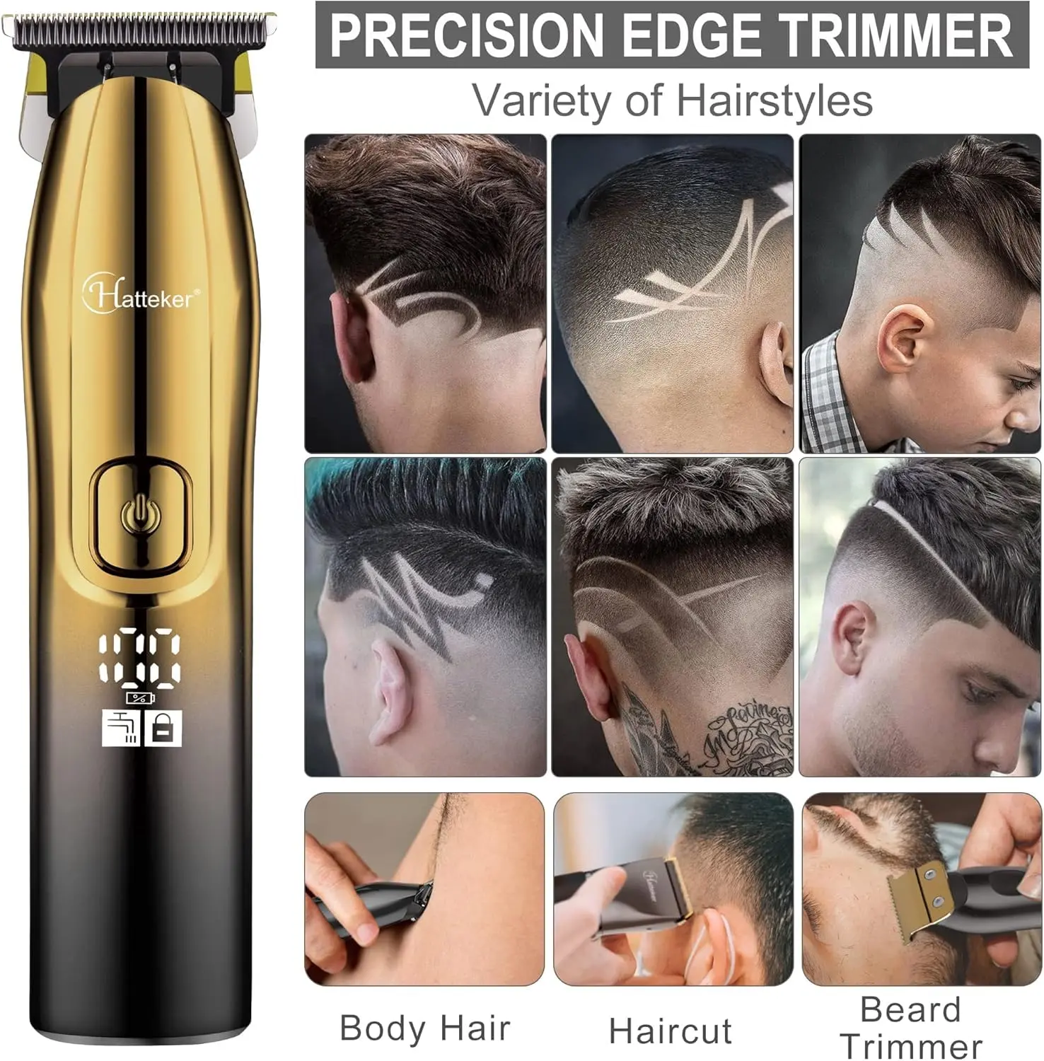 This professional gold hair clipper and T-blade trimmer kit offers adjustable blades, multiple guide combs, and a smart digital display for easy speed control and cordless operation for haircutting and beard grooming.
